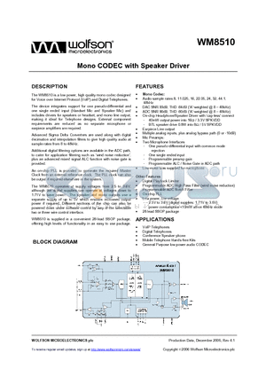 WM8510_06 datasheet - Mono CODEC with Speaker Driver