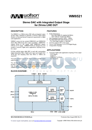 WM8521 datasheet - Stereo DAC with Integrated Output Stage for 2Vrms LINE OUT
