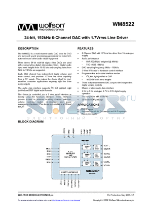 WM8522 datasheet - 24-bit, 192kHz 6-Channel DAC with 1.7Vrms Line Driver