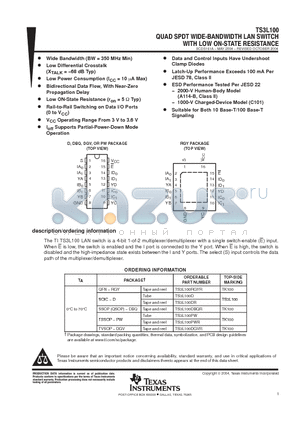 TS3L100DRE4 datasheet - QUAD SPDT WIDE-BANDWIDTH LAN SWITCH WITH LOW ON-STATE RESISTANCE