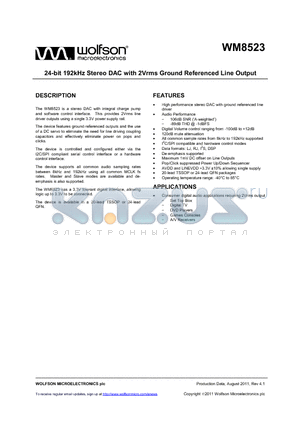 WM8523 datasheet - 24-bit 192kHz Stereo DAC with 2Vrms Ground Referenced Line Output