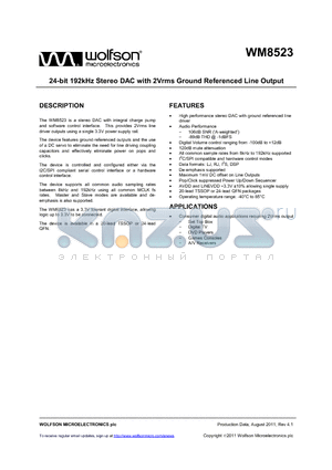 WM8523GEDT/R datasheet - 24-bit 192kHz Stereo DAC with 2Vrms Ground Referenced Line Output