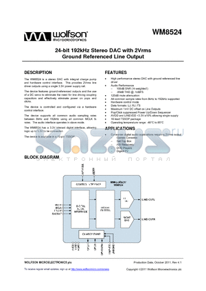 WM8524CGEDT/R datasheet - 24-bit 192kHz Stereo DAC with 2Vrms Ground Referenced Line Output