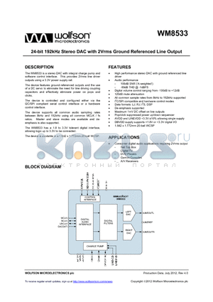 WM8533ECSN/R datasheet - 24-bit 192kHz Stereo DAC with 2Vrms Ground Referenced Line Output