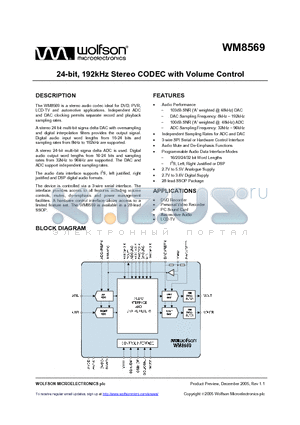 WM8569 datasheet - 24-bit, 192kHz Stereo CODEC with Volume Control