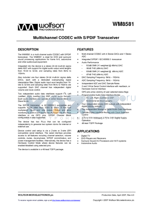 WM8581AGEFT/V datasheet - Multichannel CODEC with S/PDIF Transceiver