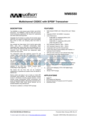 WM8580_08 datasheet - Multichannel CODEC with S/PDIF Transceiver