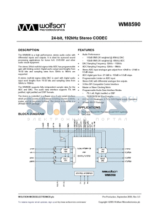 WM8590GEDS/RV datasheet - 24-bit, 192kHz Stereo CODEC