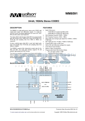 WM8591GEDS/RV datasheet - 24-bit, 192kHz Stereo CODEC