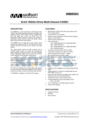 WM8593 datasheet - 24-bit 192kHz 2Vrms Multi-Channel CODEC