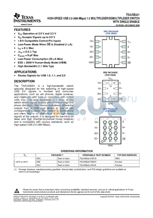 TS3USB221 datasheet - HIGH-SPEED USB 2.0 (480-Mbps) 1:2 MULTIPLEXER/DEMULTIPLEXER SWITCH WITH SINGLE ENABLE