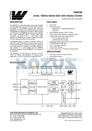 WM8706 datasheet - 24-bit, 192kHz Stereo DAC with Volume Control