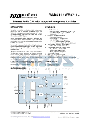 WM8711 datasheet - Internet Audio DAC with Integrated Headphone Amplifier