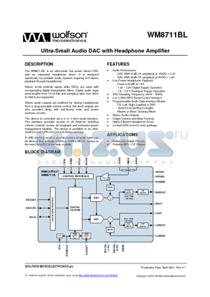WM8711BL datasheet - Ultra-Small Audio DAC with Headphone Amplifier