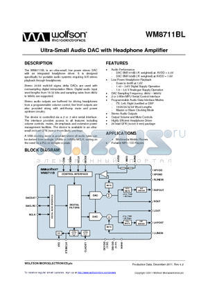 WM8711BL_11 datasheet - Ultra-Small Audio DAC with Headphone Amplifier