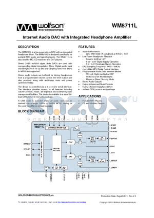 WM8711LGEFL datasheet - Internet Audio DAC with Integrated Headphone Amplifier