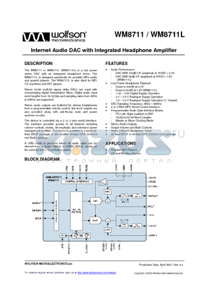 WM8711SEDS datasheet - Internet Audio DAC with Integrated Headphone Amplifier