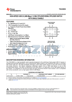 TS3USB30 datasheet - HIGH-SPEED USB 2.0 (480-Mbps) 1:2 MULTIPLEXER/DEMULTIPLEXER SWITCH WITH SINGLE ENABLE