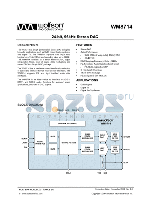 WM8714GED/RV datasheet - 24-bit, 96kHz Stereo DAC