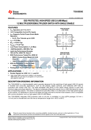 TS3USB30E datasheet - ESD PROTECTED, HIGH-SPEED USB 2.0 (480-Mbps) 1:2 MULTIPLEXER/DEMULTIPLEXER SWITCH WITH SINGLE ENABLE