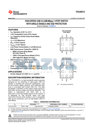 TS3USB31E datasheet - HIGH-SPEED USB 2.0 (480-Mbps) 1-PORT SWITCH WITH SINGLE ENABLE AND ESD PROTECTION