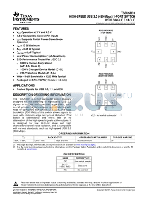 TS3USB31 datasheet - HIGH-SPEED USB 2.0 (480-Mbps) 1-PORT SWITCH WITH SINGLE ENABLE