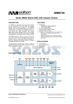 WM8720EDS/R datasheet - 24-bit, 96kHz Stereo DAC with Volume Control