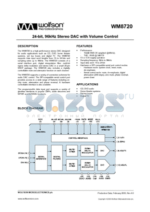 WM8720_05 datasheet - 24-bit, 96kHz Stereo DAC with Volume Control