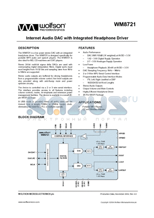 WM8721SEDS/R datasheet - Internet Audio DAC with Integrated Headphone Driver
