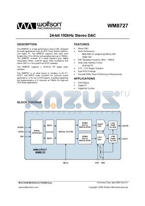 WM8727 datasheet - 24 BIT 192 KHZ STEREO DAC