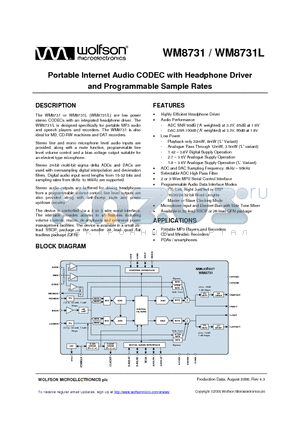 WM8731 datasheet - Portable Internet Audio CODEC with Headphone Driver and Programmable Sample Rates