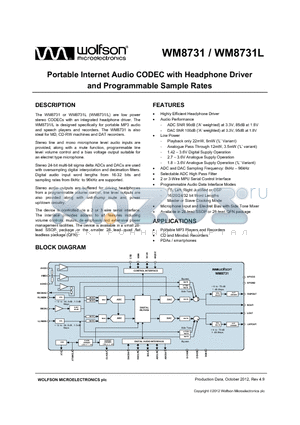 WM8731CLSEFL datasheet - Portable Internet Audio CODEC with Headphone Driver and Programmable Sample Rates