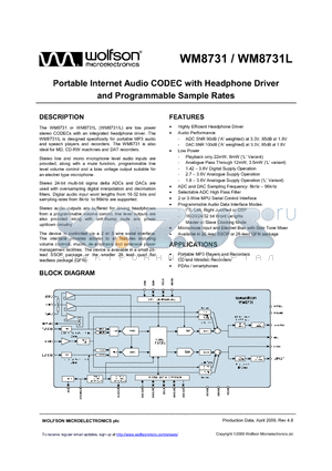 WM8731_09 datasheet - Portable Internet Audio CODEC with Headphone Driver and Programmable Sample Rates