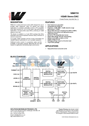 WM8733 datasheet - 102dB Stereo DAC