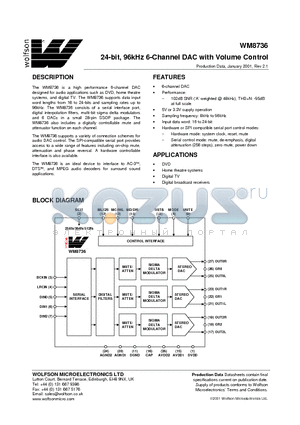 WM8736 datasheet - 24-bit, 96kHz 6-Channel DAC with Volume Control