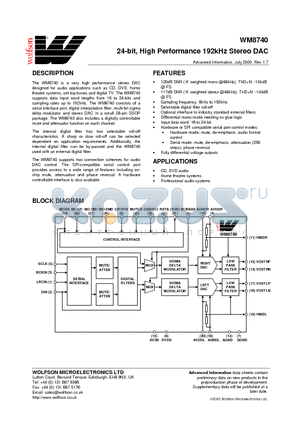 WM8740 datasheet - 24-bit, High Performance 192kHz Stereo DAC