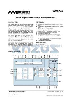 WM8740SEDS datasheet - 24-bit, High Performance 192kHz Stereo DAC