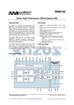 WM8740SEDS/V datasheet - 24-bit, High Performance 192kHz Stereo DAC