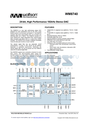 WM8740SEDS/RV datasheet - 24-bit, High Performance 192kHz Stereo DAC