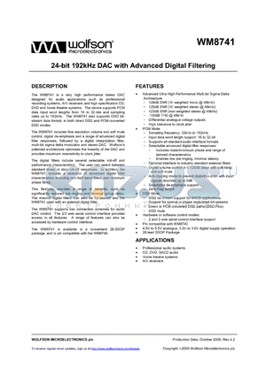 WM8741_09 datasheet - 24-bit 192kHz DAC with Advanced Digital Filtering