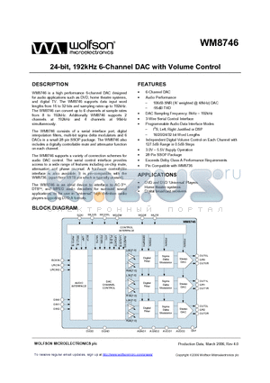 WM8746SEDS/R datasheet - 24-bit, 192kHz 6-Channel DAC with Volume Control