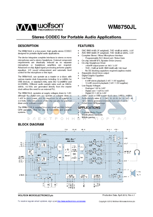 WM8750CJLGEFL datasheet - Stereo CODEC for Portable Audio Applications