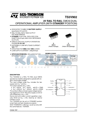 TS3V902 datasheet - 3V RAIL TO RAIL CMOS DUAL OPERATIONAL AMPLIFIER (WITH STANDBY POSITION)