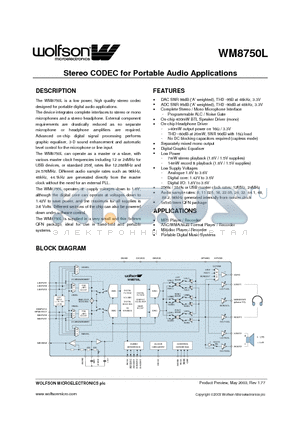 WM8750LSEFL datasheet - STEREO CODEC FOR PORTABLE AUDIO APPLICATIONS