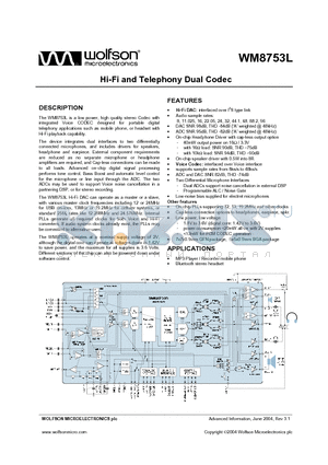 WM8753L datasheet - HI FI AND TELEPHONY DUAL CODEC