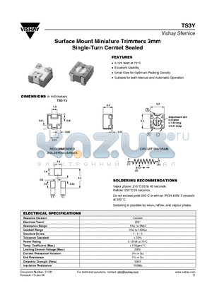 TS3Y datasheet - Surface Mount Miniature Trimmers 3mm Single-Turn Cermet Sealed
