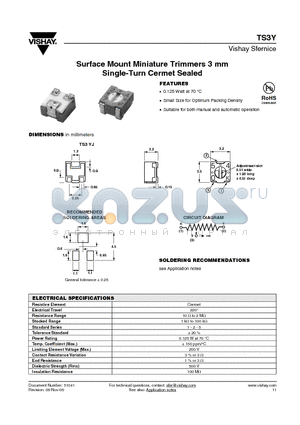 TS3Y datasheet - Surface Mount Miniature Trimmers 3 mm Single-Turn Cermet Sealed