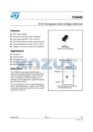 TS4040DILT-2.5 datasheet - 2.5V micropower shunt voltage reference