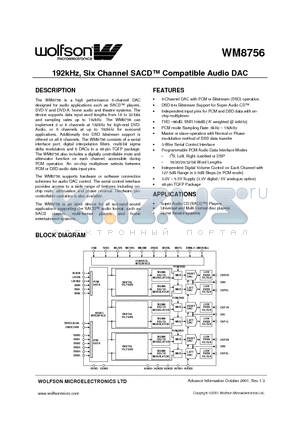 WM8756 datasheet - 192KHZ SIX CHANNEL SACD COMPATIBLE AUDIO DAC