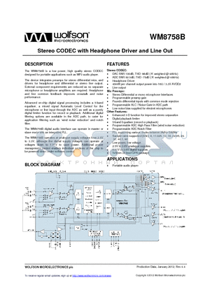 WM8758CBGEFL/RV datasheet - Stereo CODEC with Headphone Driver and Line Out